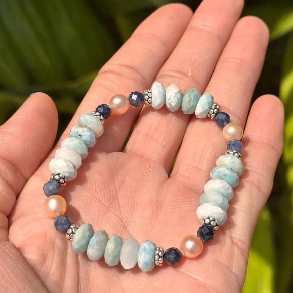 Natural Larimar Sapphire & Peach Pearl Stretch 7" Bracelet Boho Artisan Blue